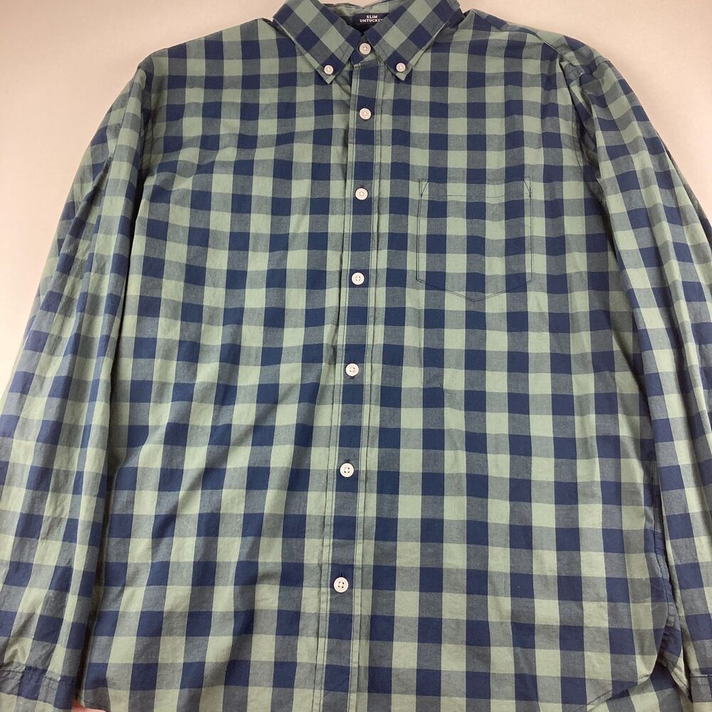 J Crew Flex Washed Mens L Slim Untucked Green Navy Check Button Down Shirt